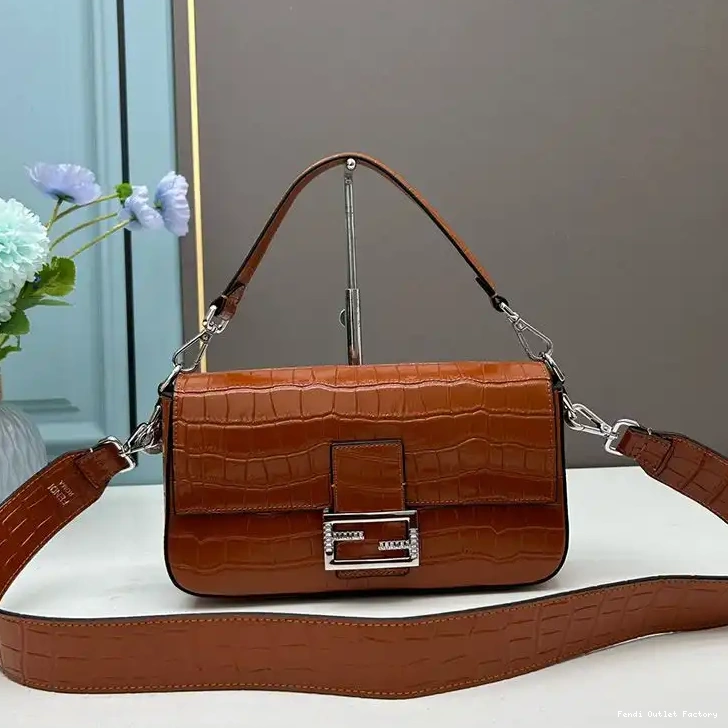 HOT Leather Baguette Fendi Re-Edition Bag Brown Crocodile In Medium 0502